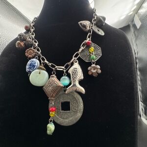 Boho Coin Charm Necklace Fish Mixed Beads Statement Patina Chain 16in 31g